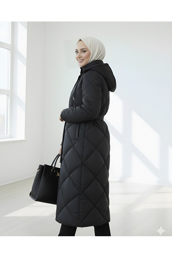 Belted, Front Snap-Front Hooded, Lined, Long Quilted Coat -Black