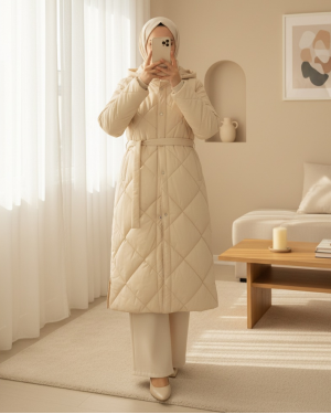 Belted, Front Snap-Front Hooded, Lined, Long Quilted Coat -Stone