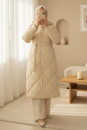 Belted, Front Snap-Front Hooded, Lined, Long Quilted Coat -Stone