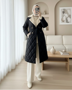 Fur Collar, Belted Waist, Buttoned, Lined, Quilted Coat -Black