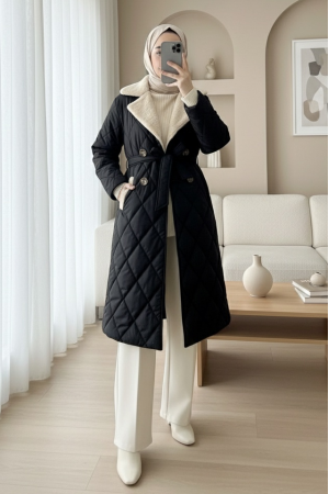 Fur Collar, Belted Waist, Buttoned, Lined, Quilted Coat -Black