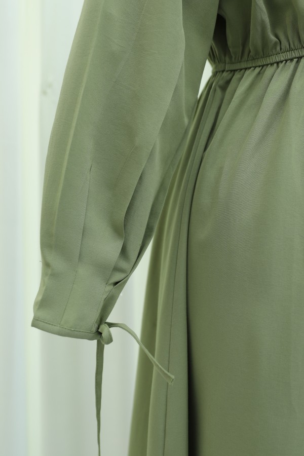Poplin Dress with Elastic Waist and Tie Detail -Khaki