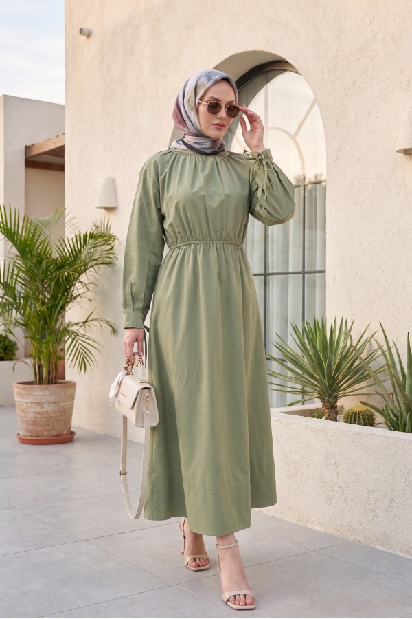 Poplin Dress with Elastic Waist and Tie Detail -Khaki