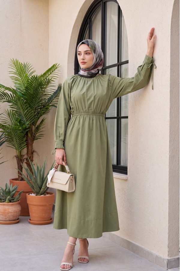 Poplin Dress with Elastic Waist and Tie Detail -Khaki
