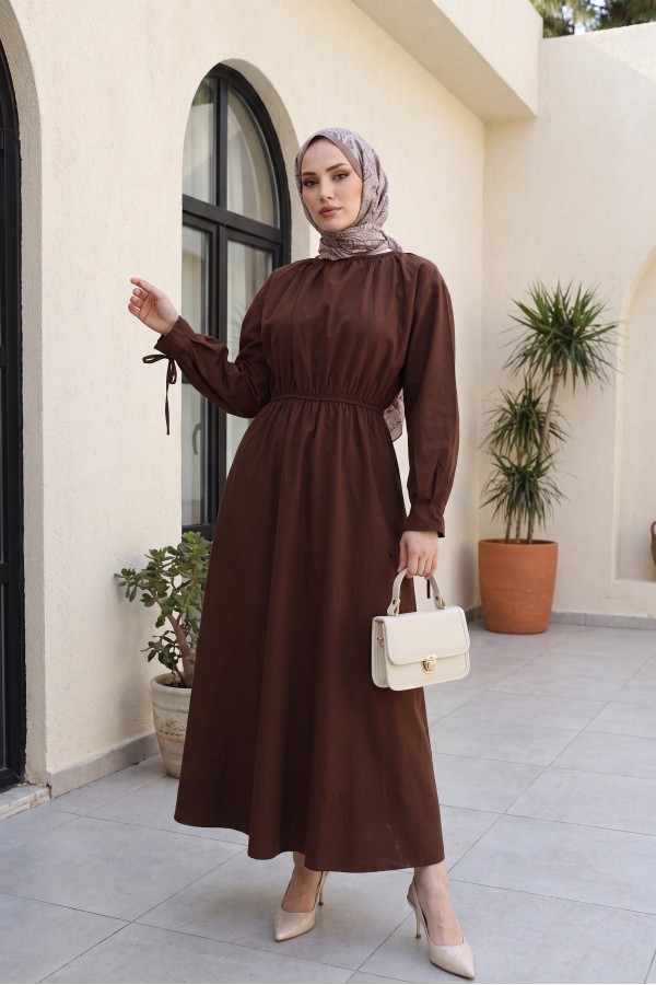 Poplin Dress with Elastic Waist and Tie Detail -Brown