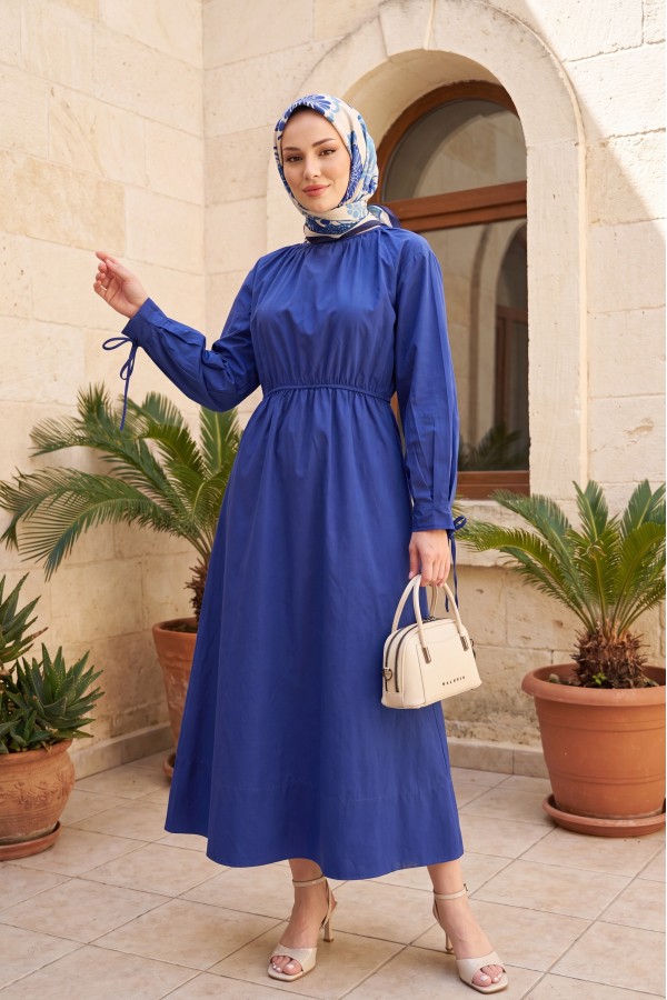 Poplin Dress with Elastic Waist and Tie Detail -Saxe 