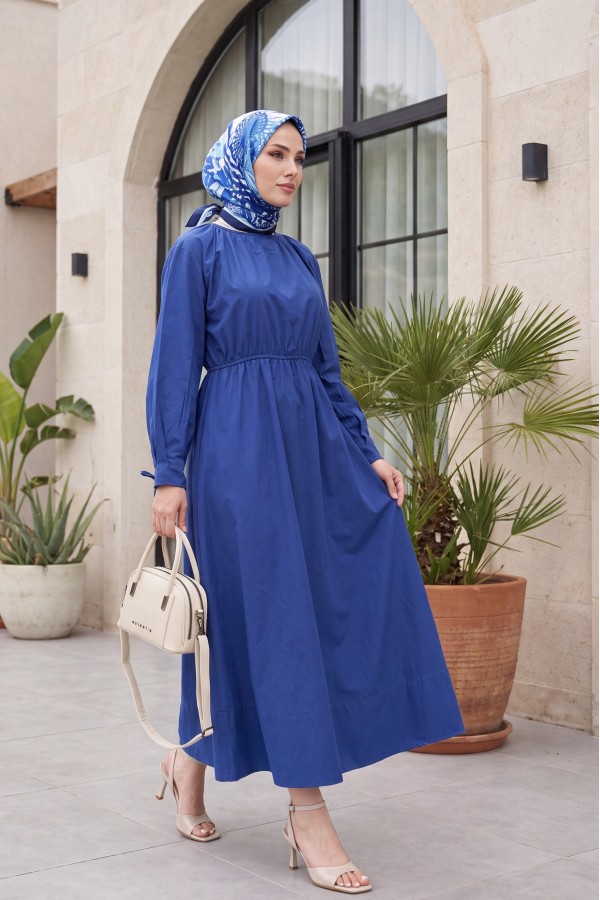 Poplin Dress with Elastic Waist and Tie Detail -Saxe 