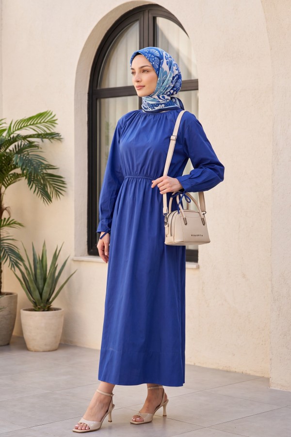 Poplin Dress with Elastic Waist and Tie Detail -Saxe 