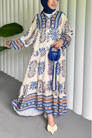 Dik Yaka Yarım Düğmeli Karışık Desen Parçalı Elbise -İndigo