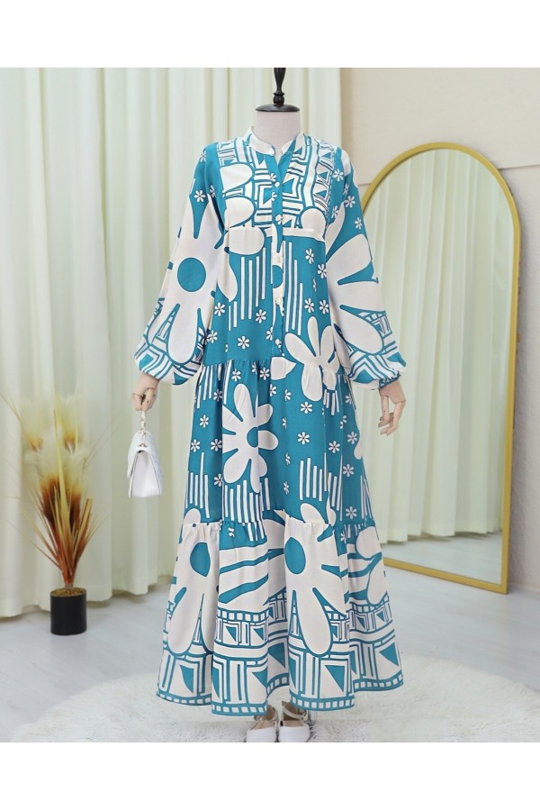 Half Buttoned Floral Cotton Polyviscose Dress-Mint Color
