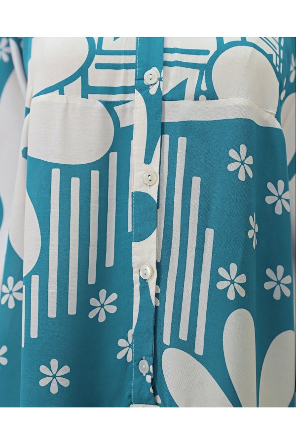 Half Buttoned Floral Cotton Polyviscose Dress-Mint Color