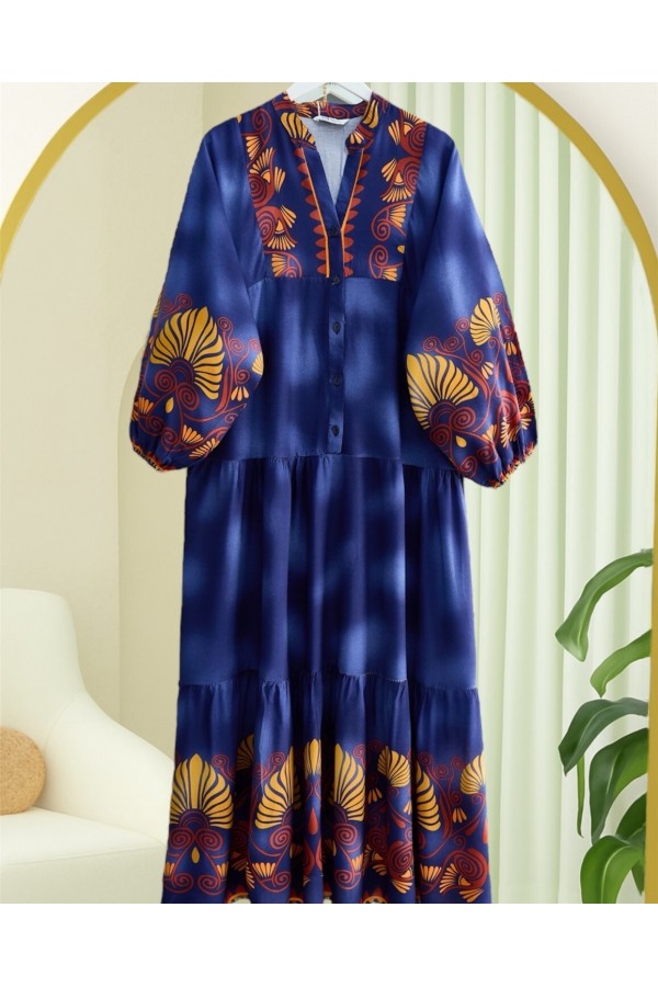 Stand Collar Half Buttoned Elastic Sleeve Patterned Dress -parliament
