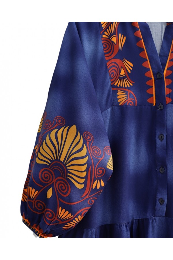 Stand Collar Half Buttoned Elastic Sleeve Patterned Dress -parliament