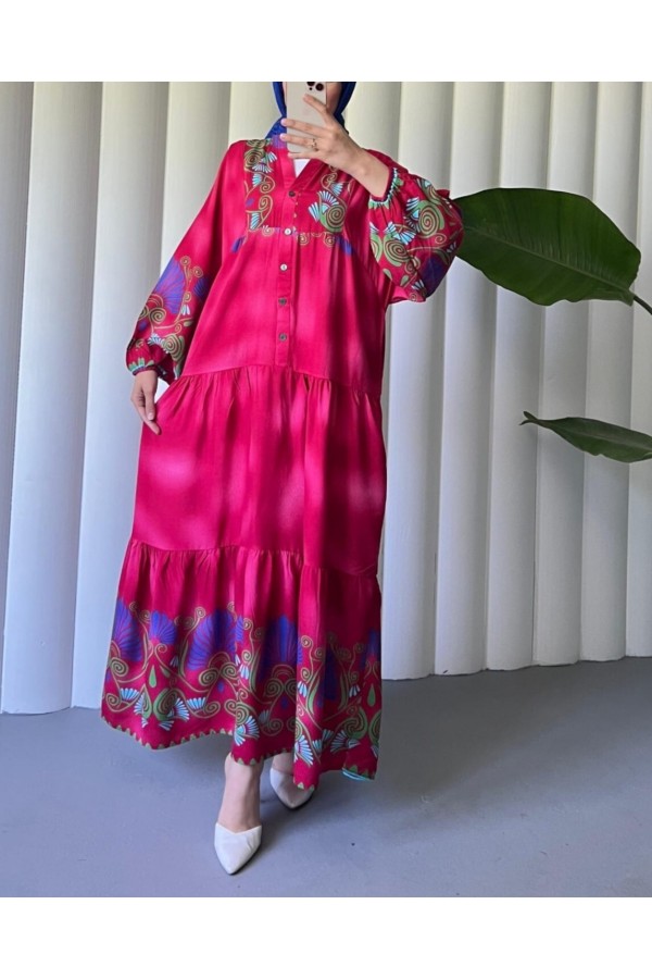 Stand Collar Half Buttoned Elastic Sleeve Patterned Dress -Pink