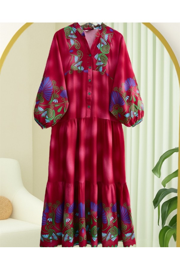 Stand Collar Half Buttoned Elastic Sleeve Patterned Dress -Pink