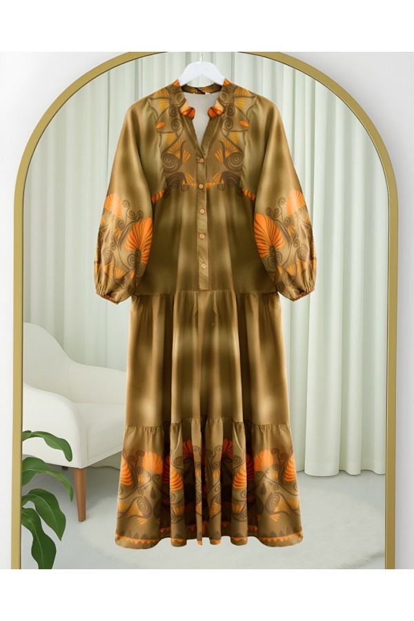 Stand Collar Half Buttoned Elastic Sleeve Patterned Dress - Soil