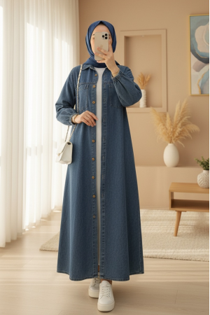 Denim Dress with Button-down Elastic Sleeves and Pockets -İndigo