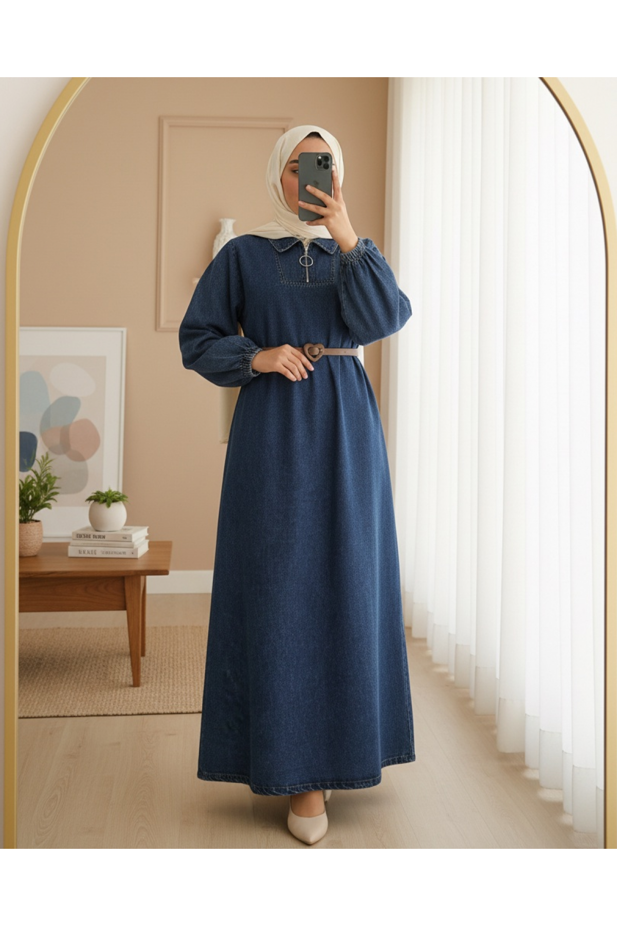Half-Turtleneck Zippered Pocket Denim Dress -İndigo