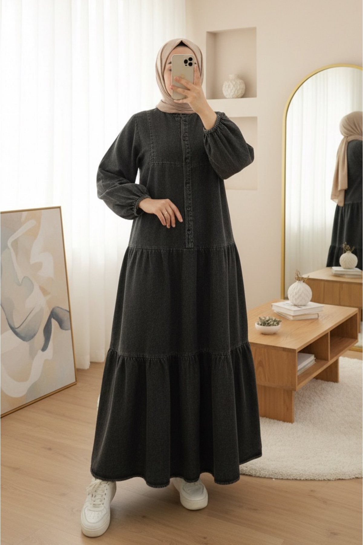 Half-Buttoned Batwing Sleeve Denim Dress with Elastic Sleeves -Smoked 