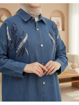 Pul Payetli Metal Düğmeli Salaş Kot Gömlek -İndigo