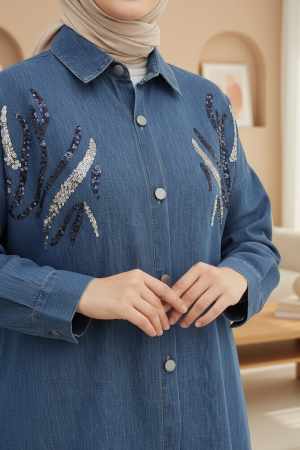 Pul Payetli Metal Düğmeli Salaş Kot Gömlek -İndigo