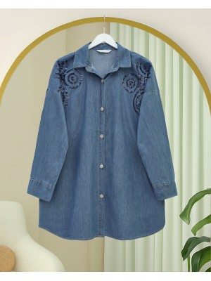 Önü Düğmeli Pul Payet Detaylı Kot Gömlek -İndigo