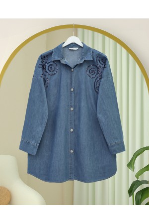 Önü Düğmeli Pul Payet Detaylı Kot Gömlek -İndigo