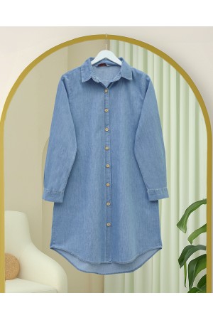 Ahşap Düğmeli Uzun Kot Tunik  -Açık Mavi
