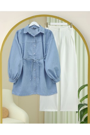 Buttoned Waist Tie Denim Shirt -Light blue
