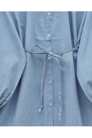 Buttoned Waist Tie Denim Shirt -Light blue