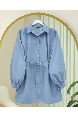 Buttoned Waist Tie Denim Shirt -Light blue