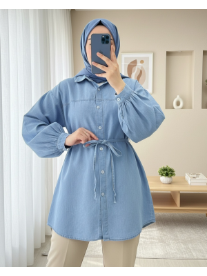 Düğmeli Beli Bağcıklı Kot Gömlek -Açık Mavi