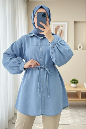 Buttoned Waist Tie Denim Shirt -Light blue