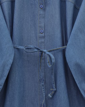 Buttoned Waist Tie Denim Shirt -İndigo