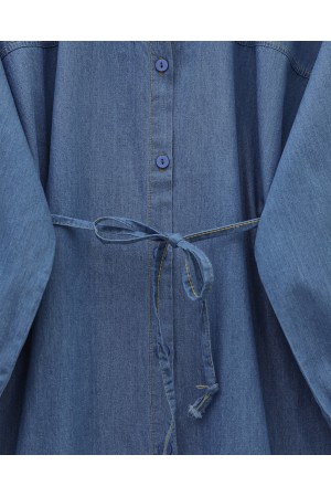 Buttoned Waist Tie Denim Shirt -İndigo