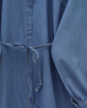 Buttoned Waist Tie Denim Shirt -İndigo