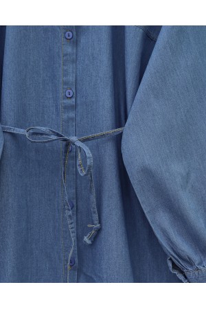 Buttoned Waist Tie Denim Shirt -İndigo