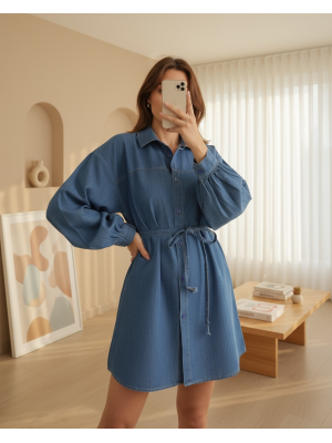 Düğmeli Beli Bağcıklı Kot Gömlek -İndigo