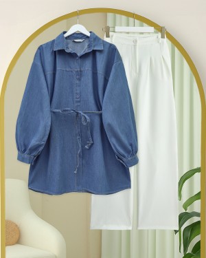 Buttoned Waist Tie Denim Shirt -İndigo