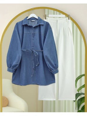 قميص جينز برباط على الخصر وأزرار -اللون النيلي