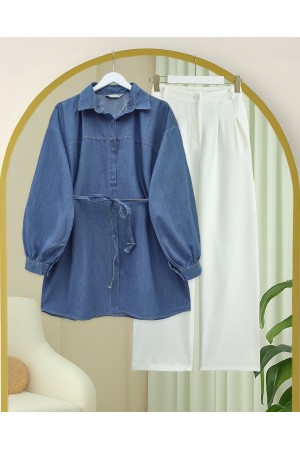 Buttoned Waist Tie Denim Shirt -İndigo