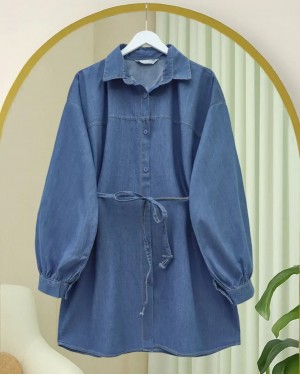 Buttoned Waist Tie Denim Shirt -İndigo