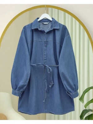 Buttoned Waist Tie Denim Shirt -İndigo