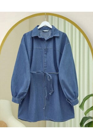 Buttoned Waist Tie Denim Shirt -İndigo