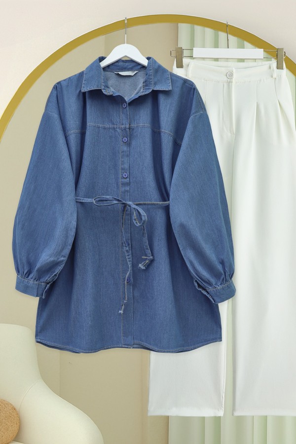 Buttoned Waist Tie Denim Shirt -İndigo