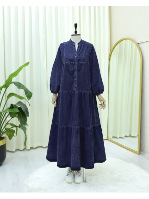 Yarım Düğmeli Kolu Lastikli Yarasa Kol Kot Elbise  -Laci