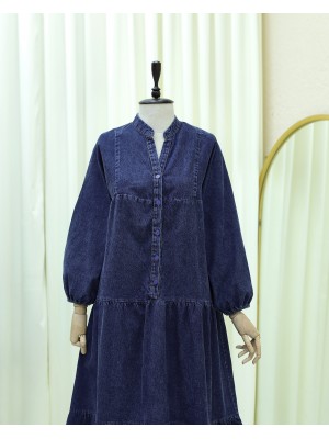 Yarım Düğmeli Kolu Lastikli Yarasa Kol Kot Elbise  -Laci