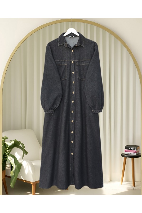 Denim Dress with Button -Anthracite