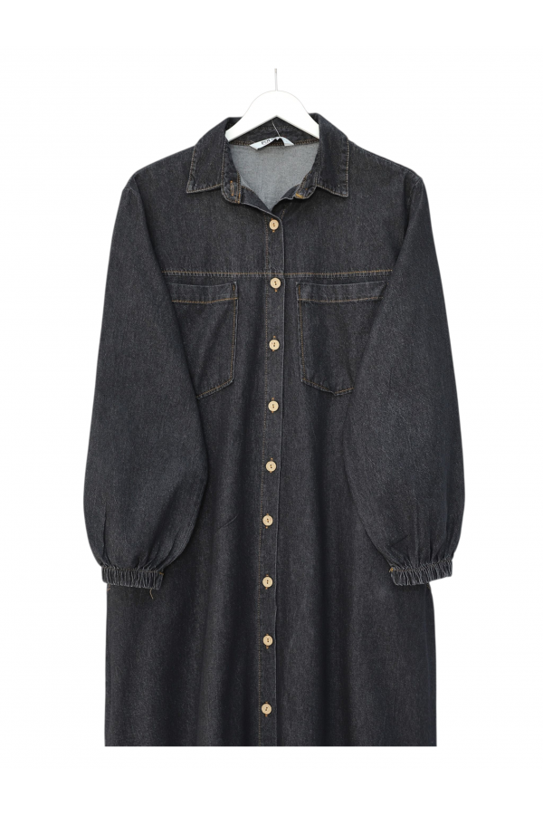 Denim Dress with Button -Anthracite