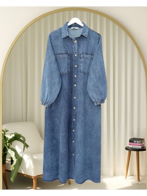 Boydan Düğmeli Kolu Lastikli Cepli Kot Elbise   -Buz Mavi